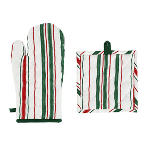 Bohemian Linens Stripe Red/Green Oven Mitt & Potholder