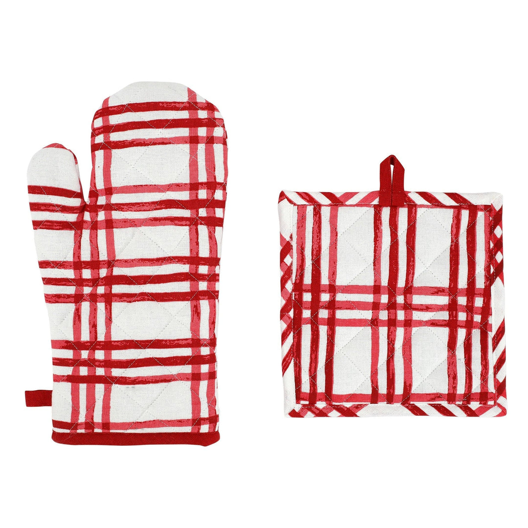 Bohemian Linens Plaid Red/White Oven Mitt & Potholder