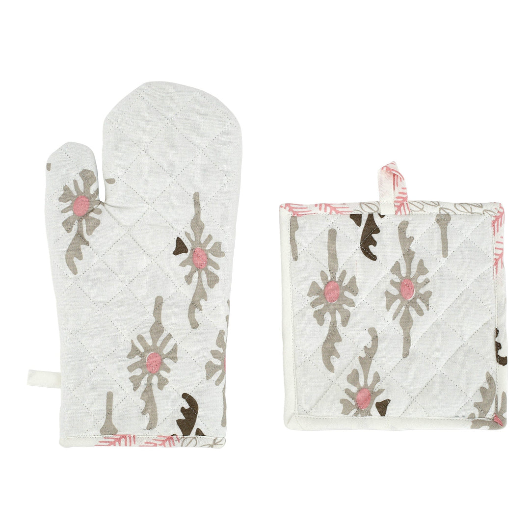 Bohemian Linens Gray/Pink Oven Mitt & Potholder